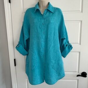 Chico’s Linen Tunic Shirt Dress Womens M Button Up Turqoise Blue Coastal Grandma